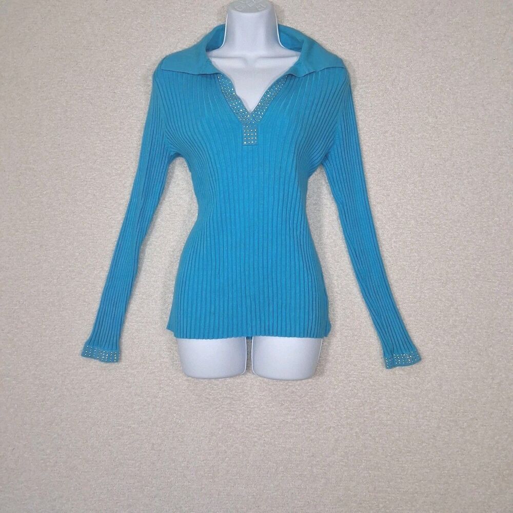 Cache' Rhinestone Ribbed Stretch Top Sz L Y2k Glam Bling Sparkle Statement Chic